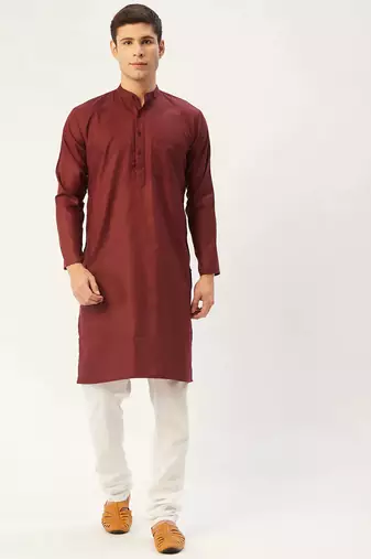 Men maroon solid cotton kurta pajama