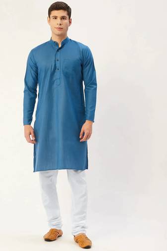 Men blue solid cotton kurta pajama