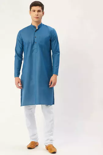 Men blue solid cotton kurta pajama
