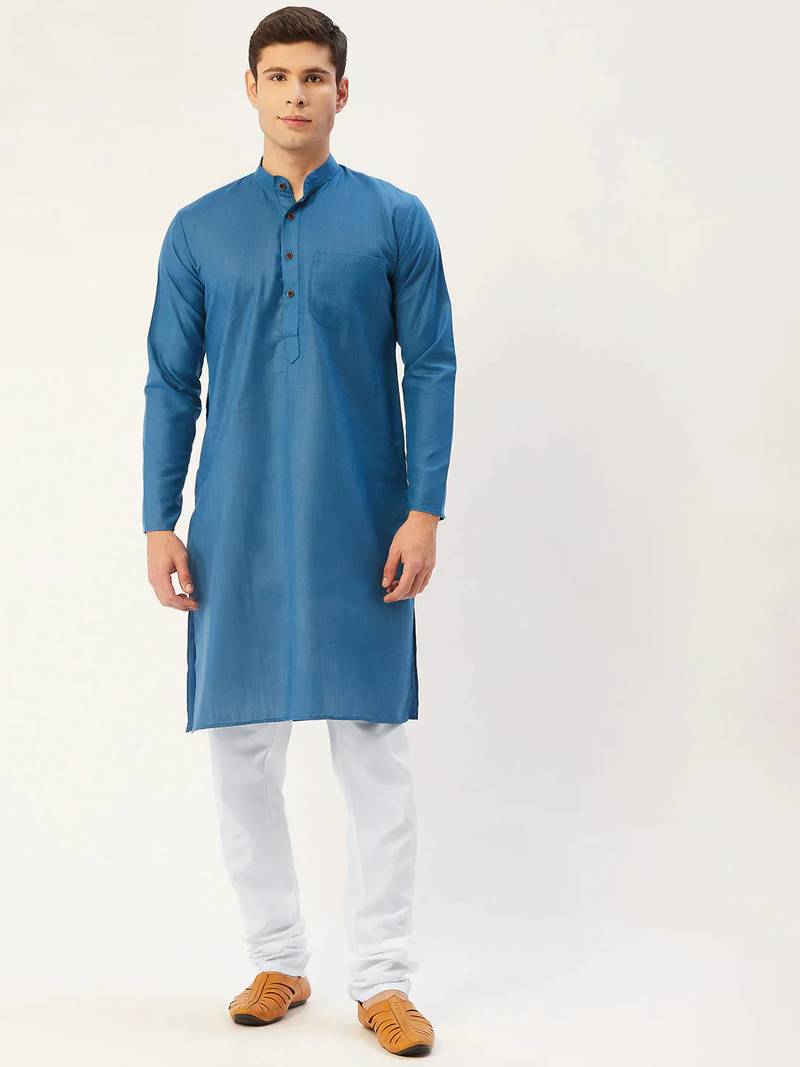 Men blue solid cotton kurta pajama
