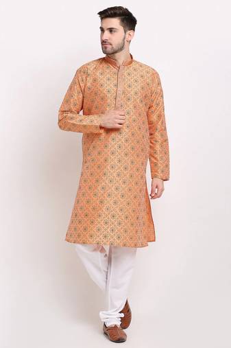 Men orange woven blended cotton kurta pajama
