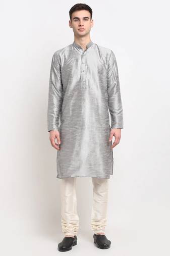 Men silver solid blended cotton kurta pajama