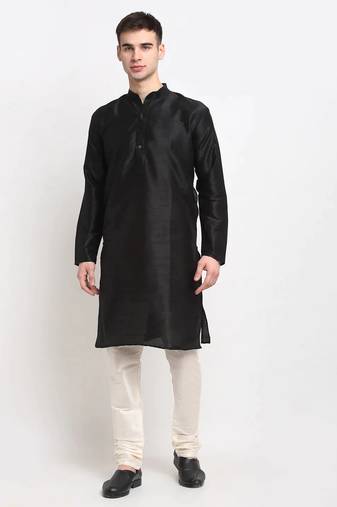 Men black solid blended cotton kurta pajama