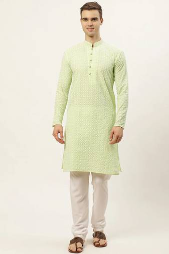 Men green embroidered blended cotton kurta pajama