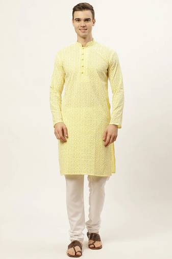 Men yellow embroidered blended cotton kurta pajama