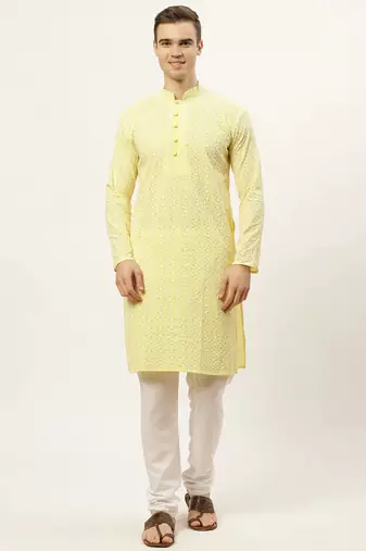 Men yellow embroidered blended cotton kurta pajama