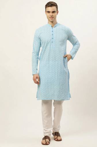 Men blue embroidered blended cotton kurta pajama