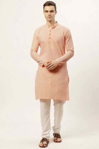 Men orange embroidered blended cotton kurta pajama