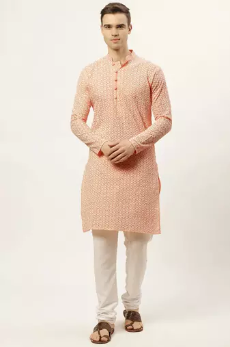 Men orange embroidered blended cotton kurta pajama