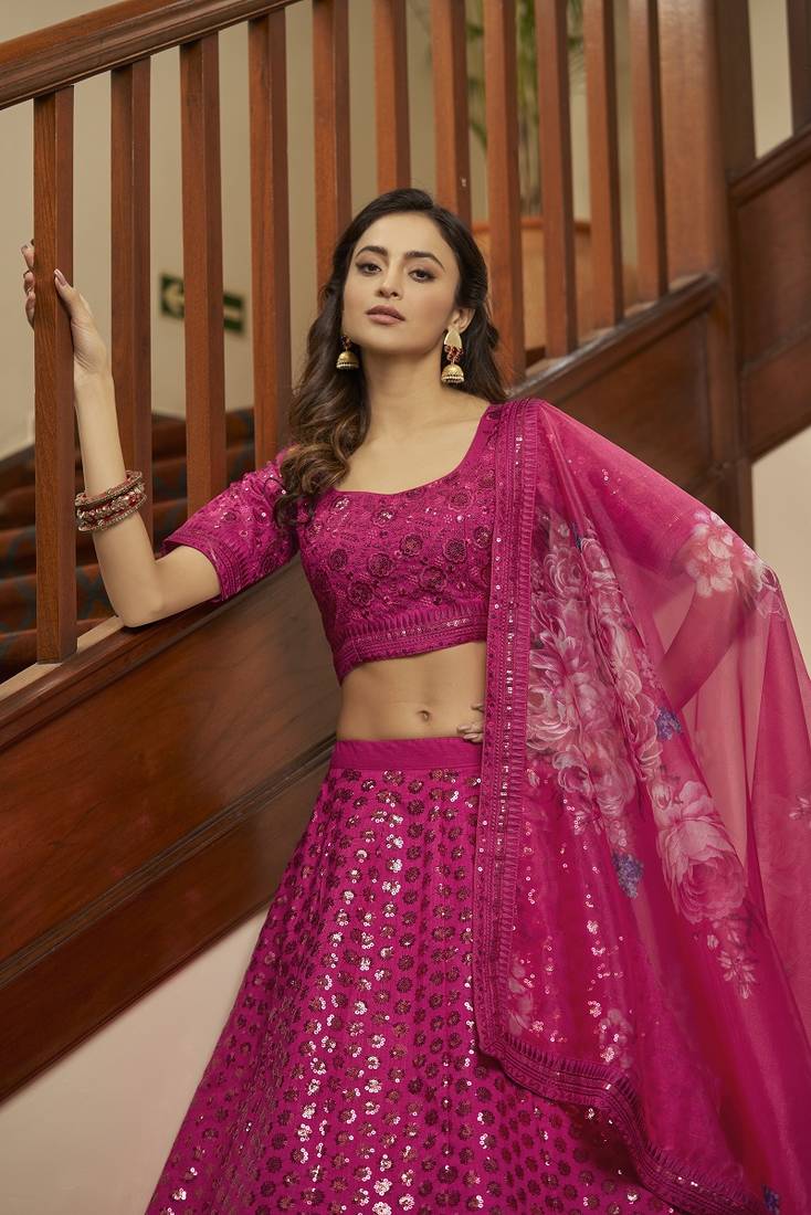 Pink Art Silk Semi-Stitched Lehenga Choli Set With Dupatta