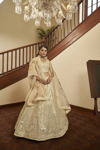 Beige Semi-Stitched Lehenga Choli Set With Dupatta