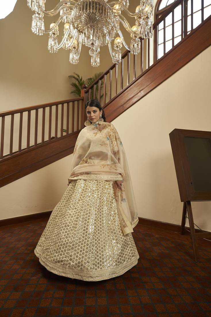 Beige Semi-Stitched Lehenga Choli Set With Dupatta
