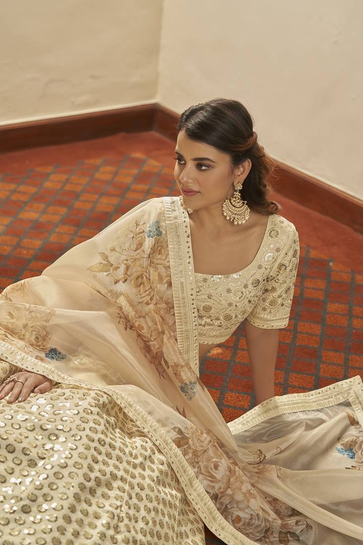 Beige Semi-Stitched Lehenga Choli Set With Dupatta