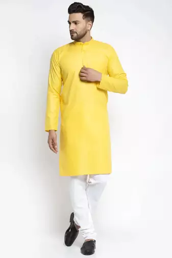 Men yellow solid cotton kurta pajama