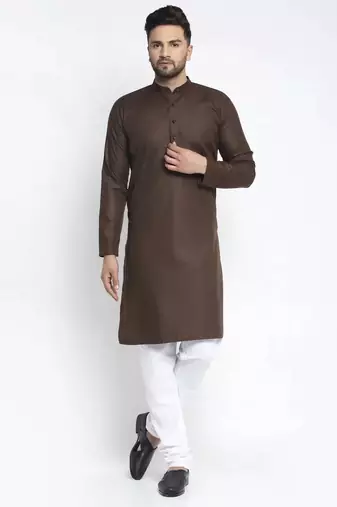 Men brown solid cotton kurta pajama
