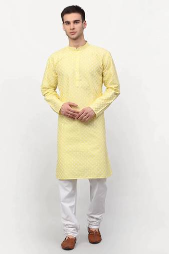 Men yellow embroidered blended cotton kurta pajama