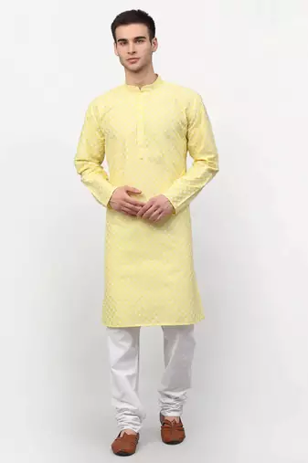 Men yellow embroidered blended cotton kurta pajama