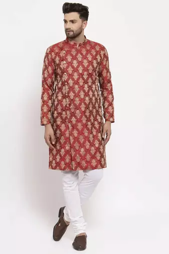 Men maroon woven cotton kurta pajama
