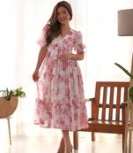 Blush pink floral print tiered midi dress