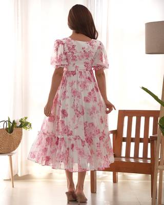 Blush pink floral print tiered midi dress 4