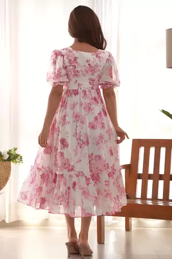 Blush pink floral print tiered midi dress