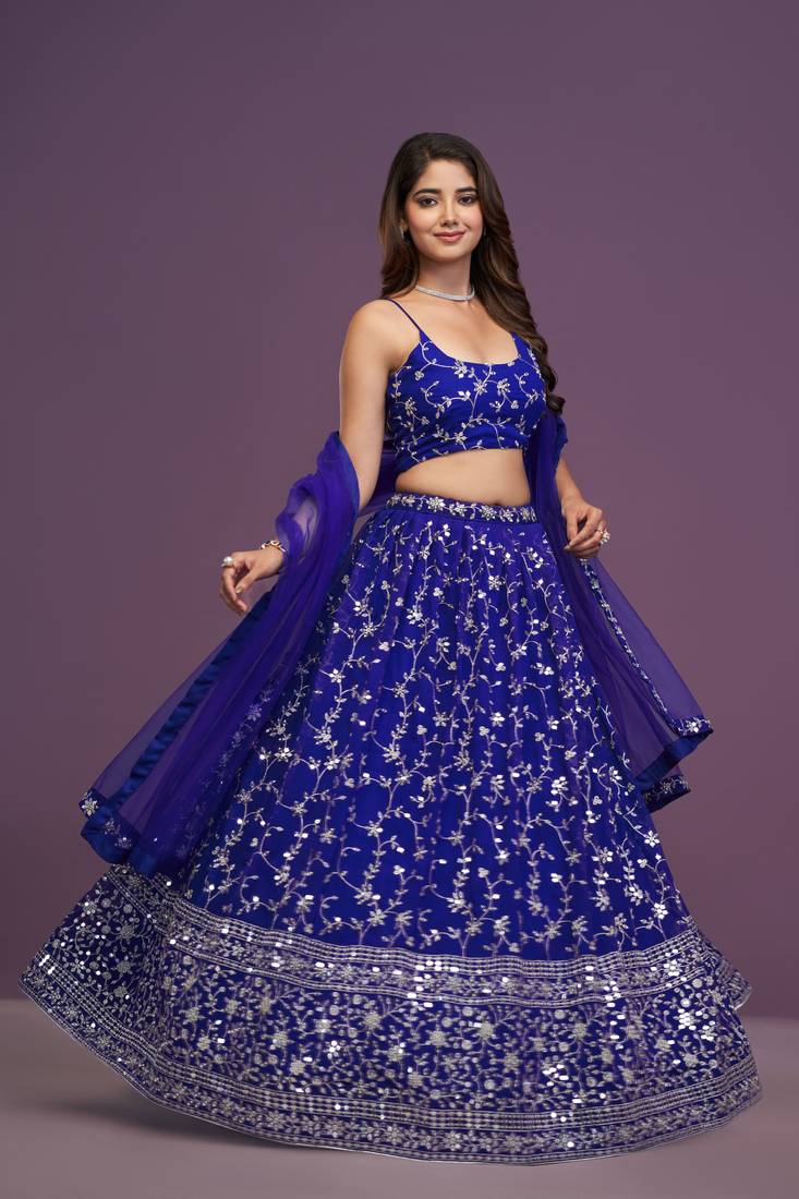 Royal Blue Sequins Embroidered Lehenga Choli With Dupatta