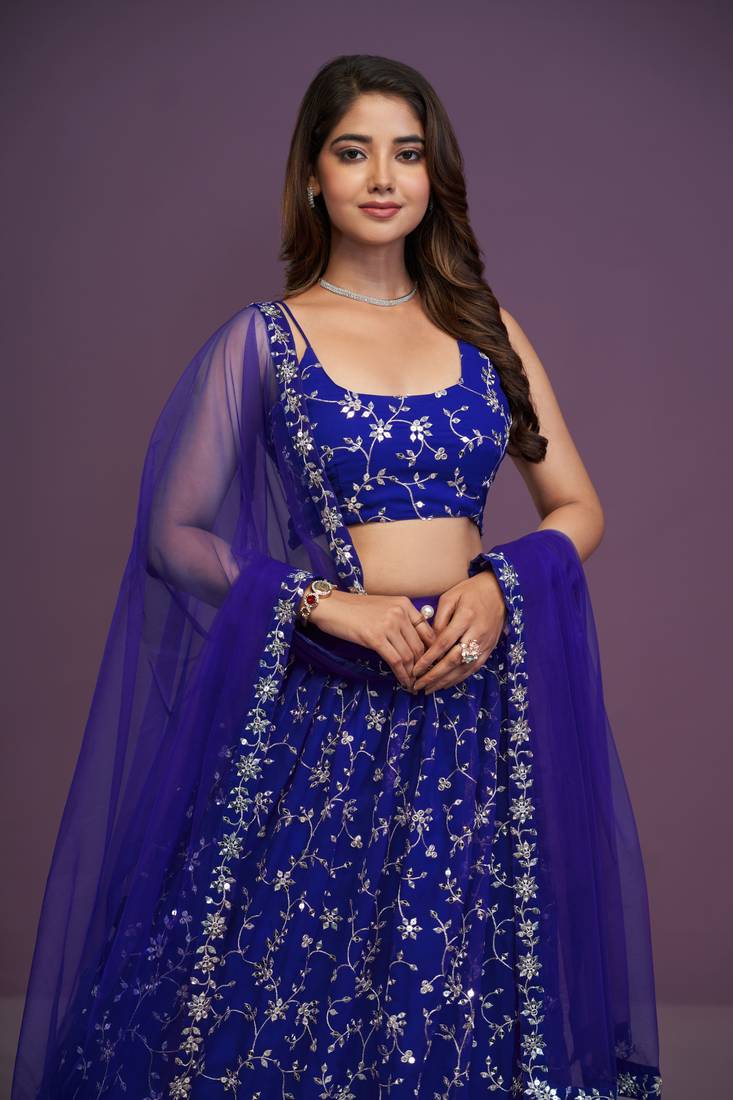Royal Blue Sequins Embroidered Lehenga Choli With Dupatta