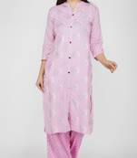 Vahson women pure cotton embroidered kurta and trousers set pink