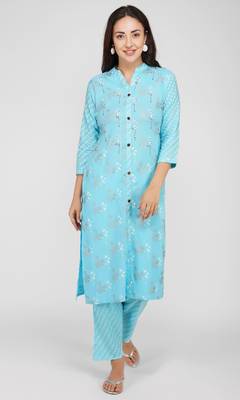  cotton kurta and trousers set blue 4