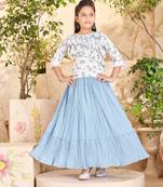 Aarika girls party wear blue colour floral print poly crepe top & skirt
