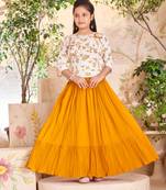 Aarika girls party wear mustard colour floral print poly crepe top & skirt