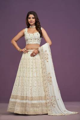 Beautiful White Sequins Embroidery Work Lehenga Choli With Dupatta  3