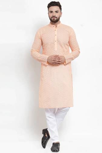 Men orange solid blended cotton kurta pajama