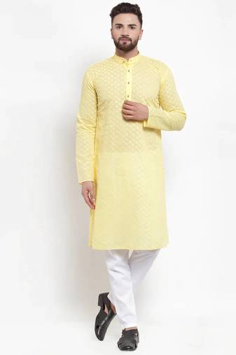 Men yellow solid blended cotton kurta pajama