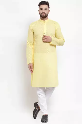 Men yellow solid blended cotton kurta pajama