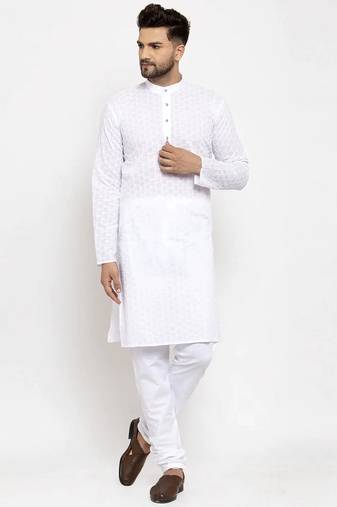 Men white solid blended cotton kurta pajama