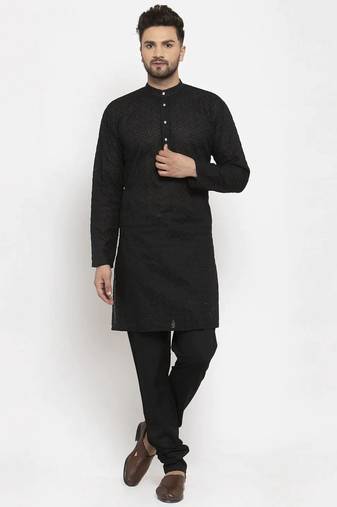 Men black solid blended cotton kurta pajama