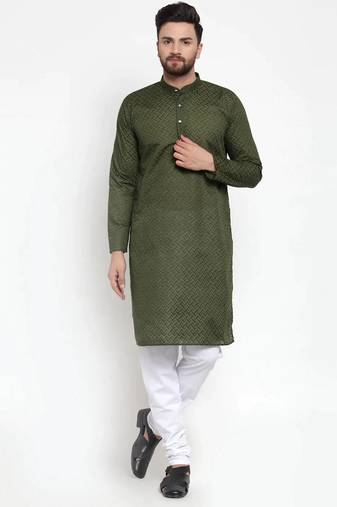 Men green solid blended cotton kurta pajama