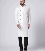 Men white solid blended cotton kurta pajama