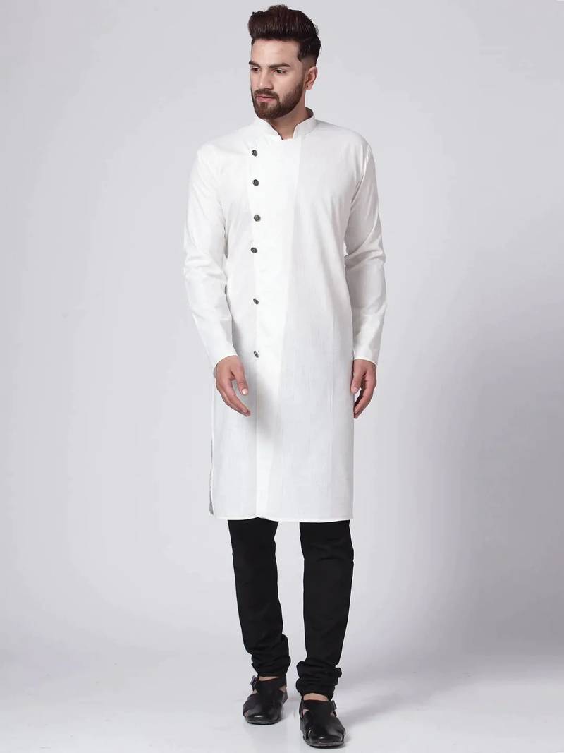 Men white solid blended cotton kurta pajama