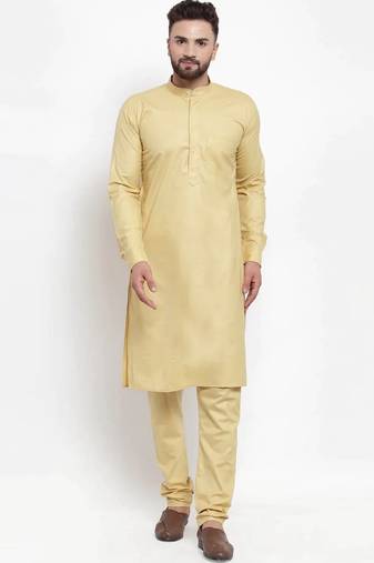 Men beige solid blended cotton kurta pajama