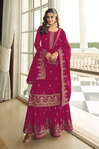 Dark magenta color georgette embroidered sharara suit for sangeet