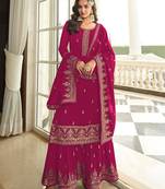 Dark magenta color georgette embroidered sharara suit for sangeet