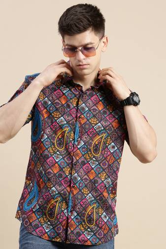 men's short sleeves ethnic motifs multi shirt