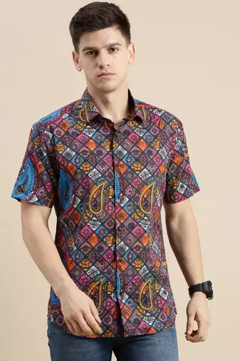 men's short sleeves ethnic motifs multi shirt