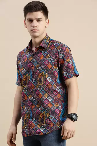 men's short sleeves ethnic motifs multi shirt
