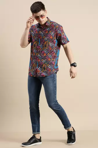 men's short sleeves ethnic motifs multi shirt