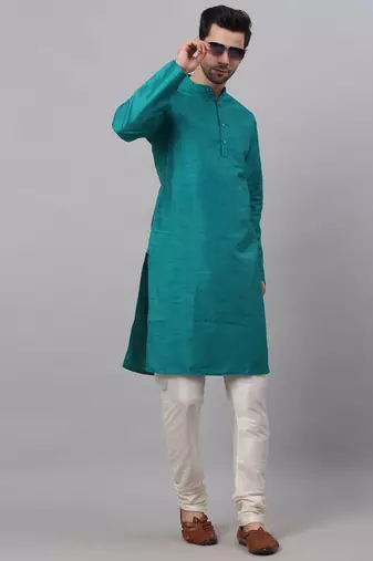 Men green solid cotton kurta pajama