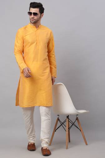 Men yellow solid dupion silk kurta pajama
