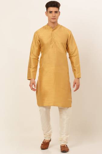 Men gold solid dupion silk kurta pajama